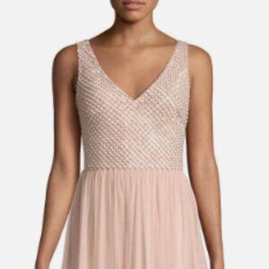 Adrianna Papell Womens Pink Embellished Mesh Beaded Gown V-Neck Dress Size 6P